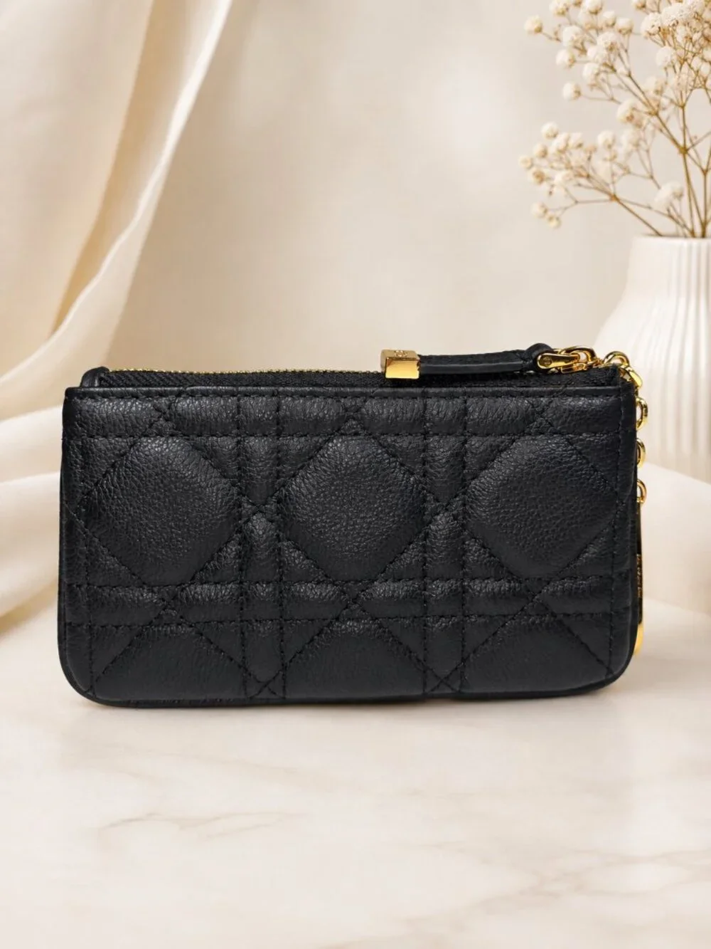 Dior Black Quilted Leather Zip Card Holder / Coin Pouch w Gold DIOR Hardware